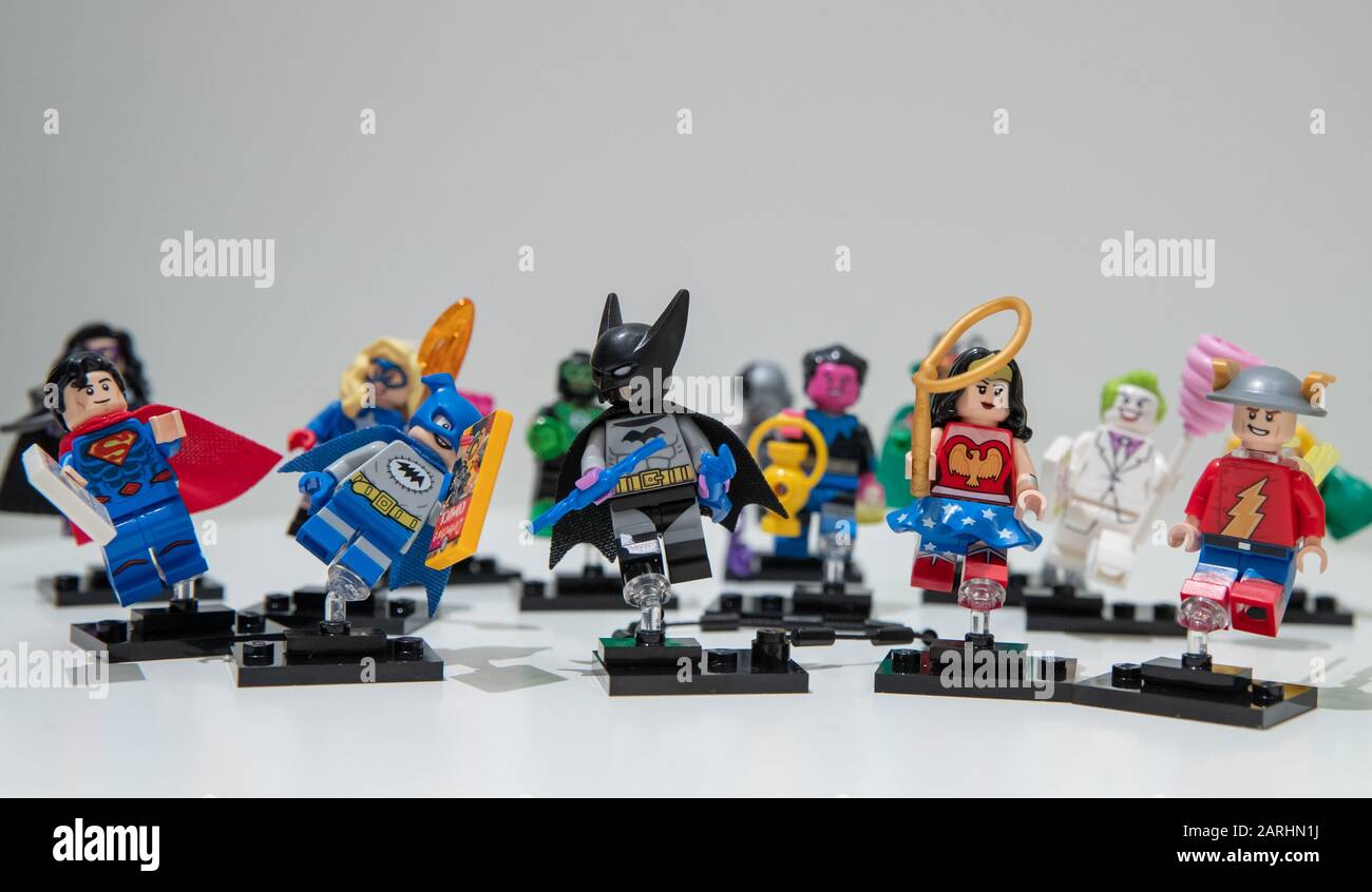 28 January 2020, Bavaria, Nuremberg: Figures of superheroes from the Danish  toy manufacturer Lego are exhibited at the company's stand at the Toy Fair.  The building block manufacturer Lego now wants to