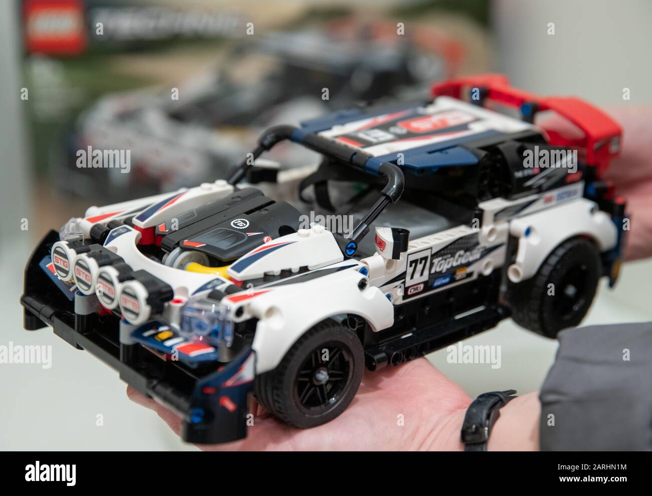 28 January 2020, Bavaria, Nuremberg: The Lego Technic Top-Gear rally car  with app control of the Danish toy manufacturer Lego is exhibited at the  company's stand at the International Toy Fair. The