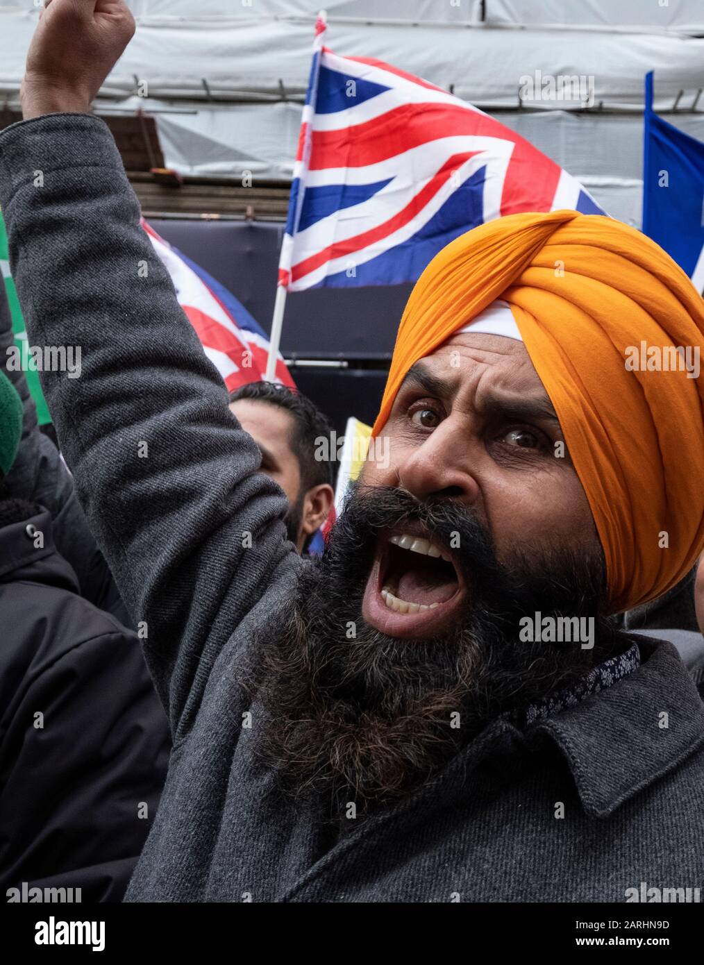 Kashmiris and Sikhs protest outside the Indian High Commission in London  on Republic day 2020. An anti-India protest to tell the world about the discriminatory and racist crimes the Indian State under Modi is comming against Muslims, Sikhs, Christians , Dalits etc. 26 Jan 2020 Stock Photo