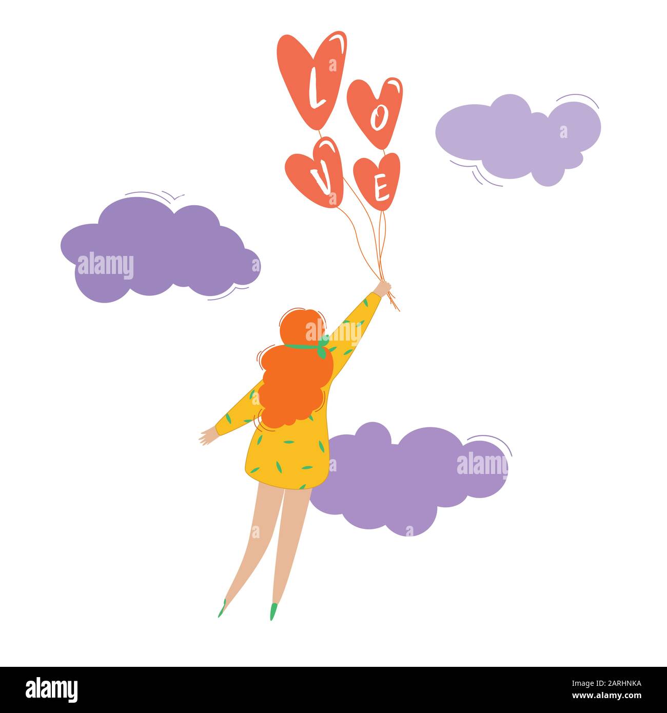 Cute girl flies on balloons against the background of clouds. inscription love. heart shaped balloons. Beautiful card, invitation, design. Stock Vector