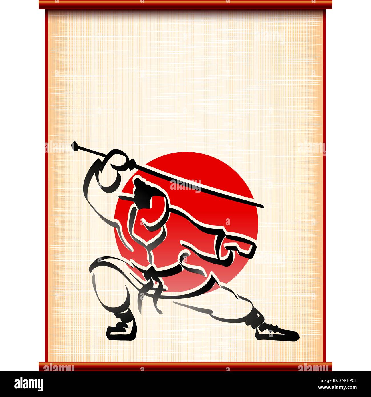 Samurai on the background of ancient parchment in fighting stance with katana; Traditional sports Asian martial art; Hand-drawing black ink style Stock Vector