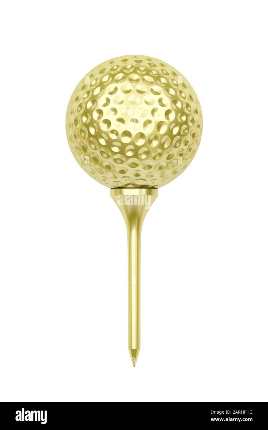 Golden golf ball on tee, isolated on white background Stock Photo Alamy