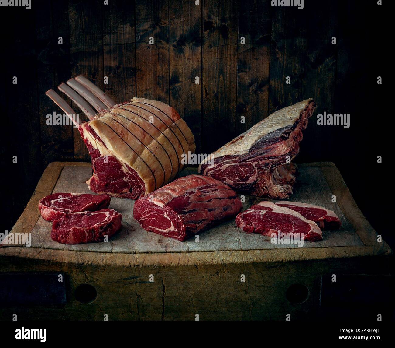Meat and butchers block Stock Photo