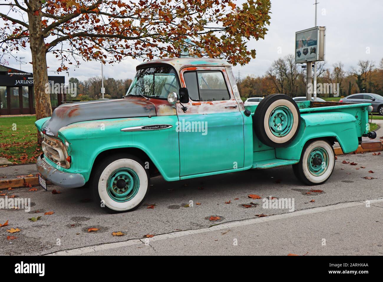 Zagreb, Croatia - 09. November  2019: Old green vintage Chevrolet 3600 pickup truck classic, on the road in Zagreb Stock Photo