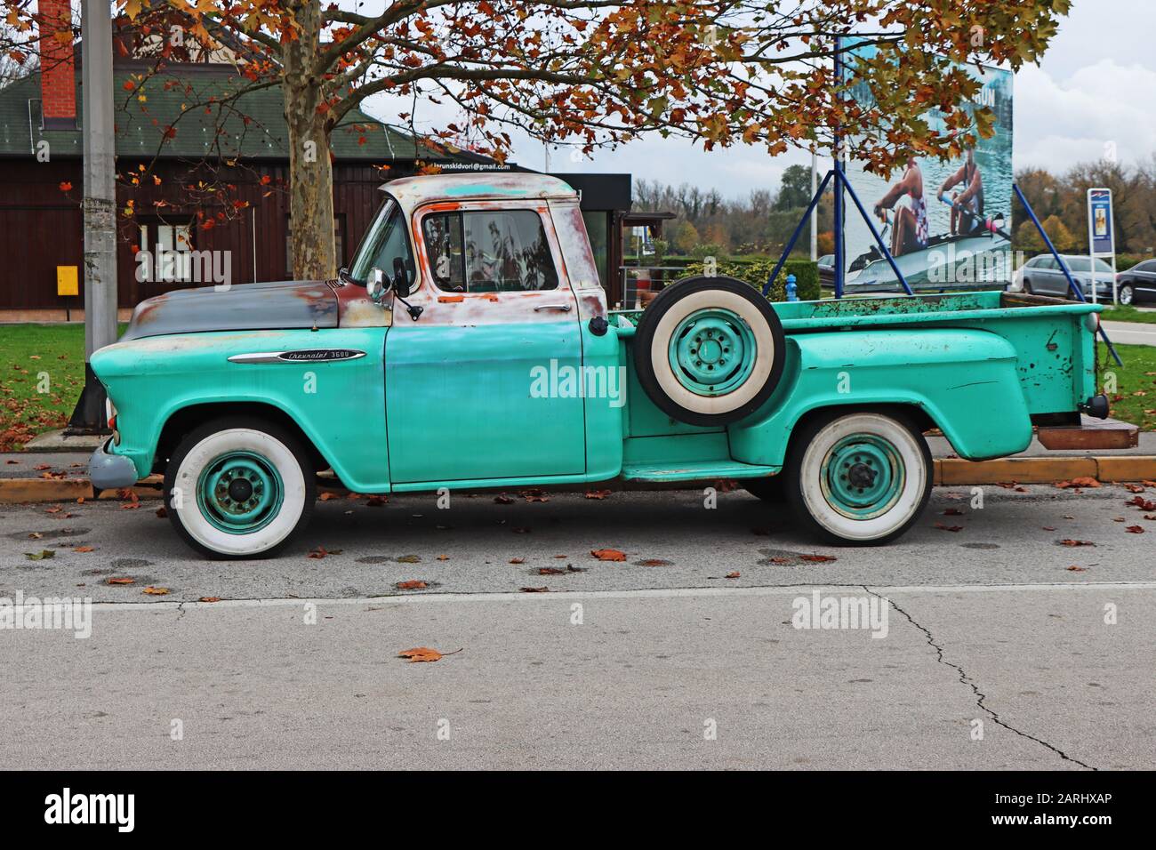 Zagreb, Croatia - 09. November  2019: Old green vintage Chevrolet 3600 pickup truck classic, on the road in Zagreb Stock Photo