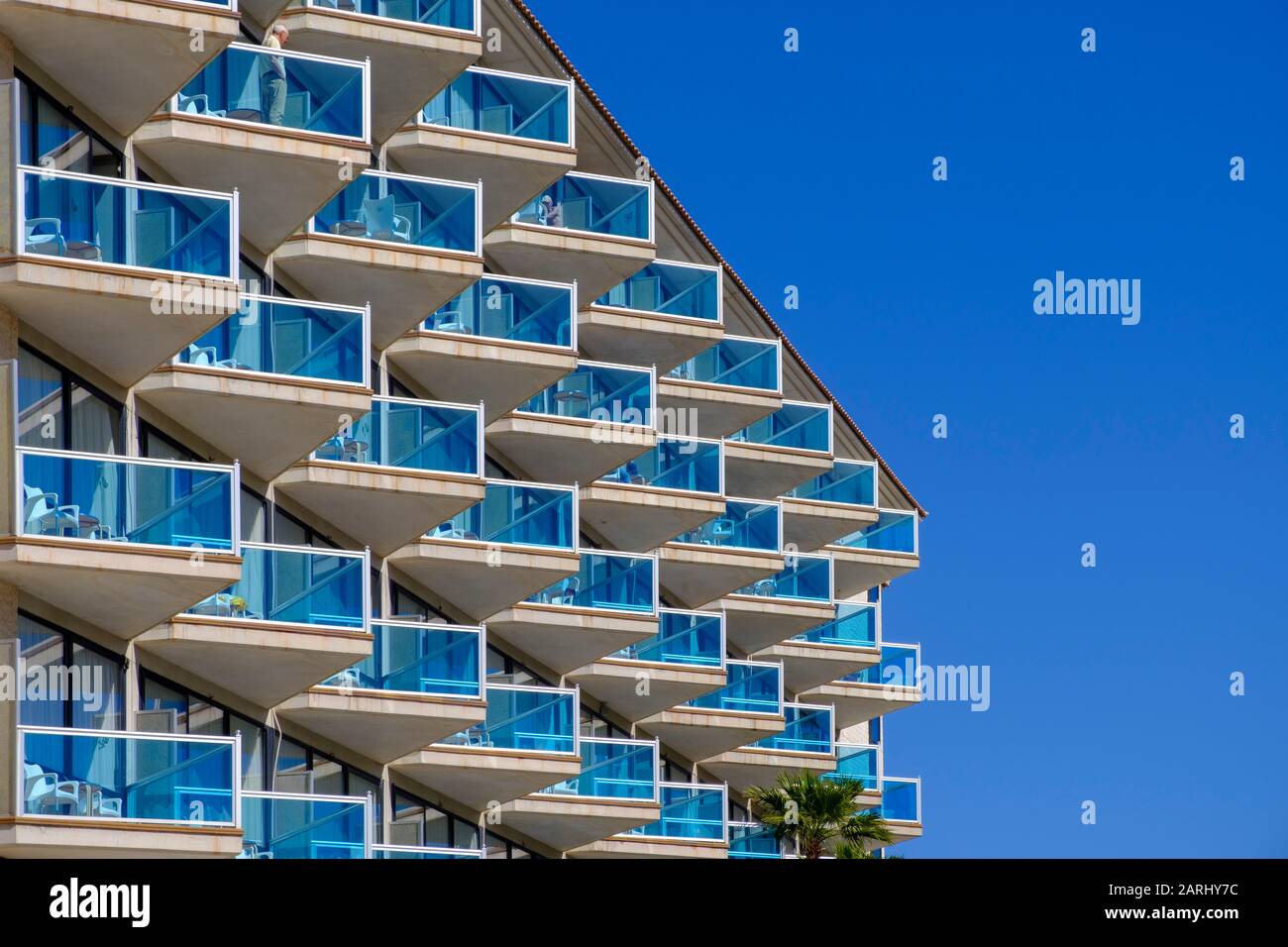 Balconies with blue glass railings, Hotel Kaktus, El Albir, l’Alfas del Pi, Alicante, Spanien Stock Photo