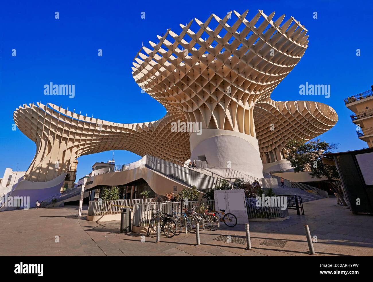 Low angle view of the Metropol Parasol at the 'Plaza de la Encarnacion' in Seville, Spain Stock Photo