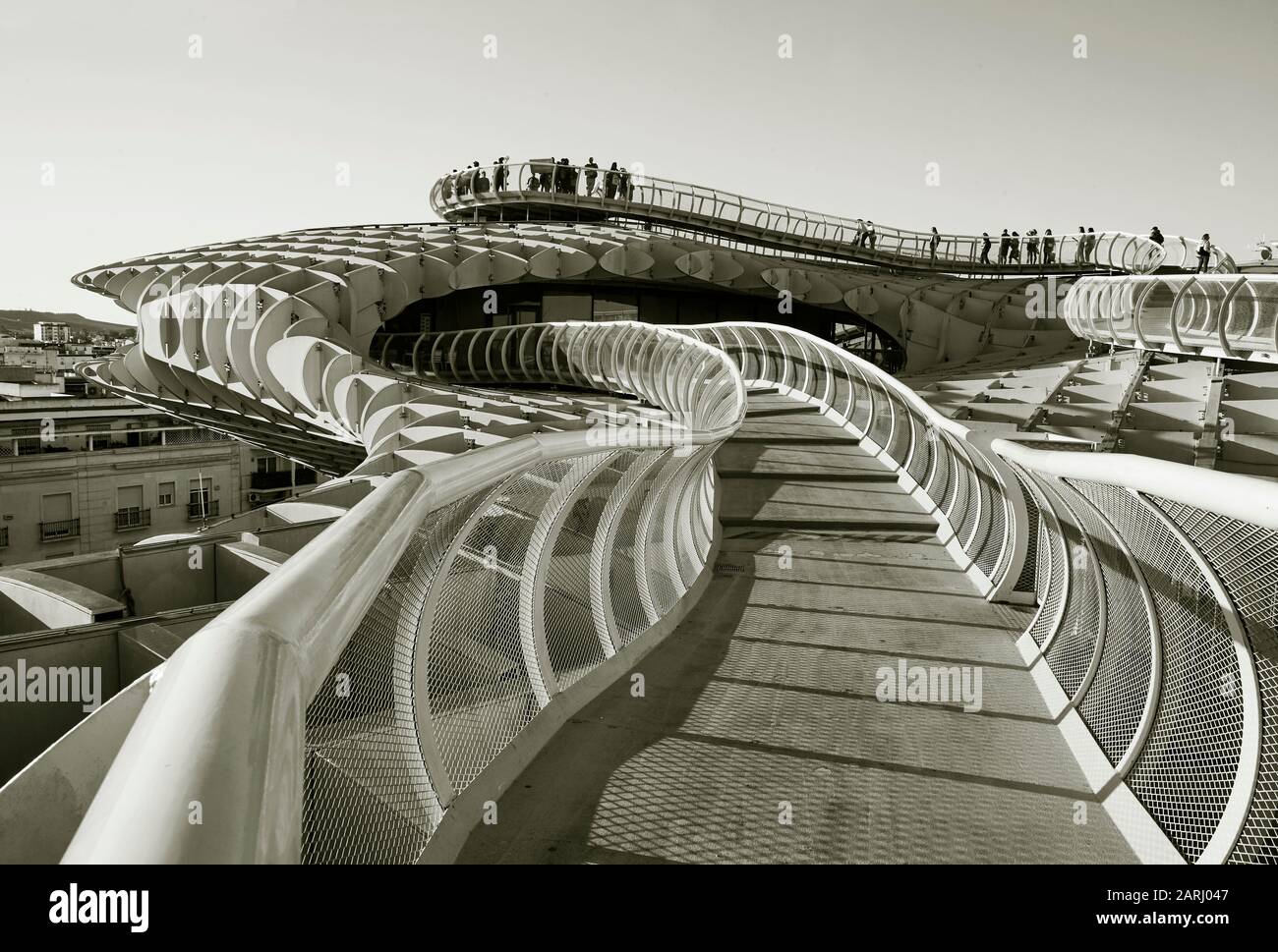 Walkway along the top of the Metropol Parasol at the Plaza de la Encarnacion in Seville, Spain in black and white Stock Photo