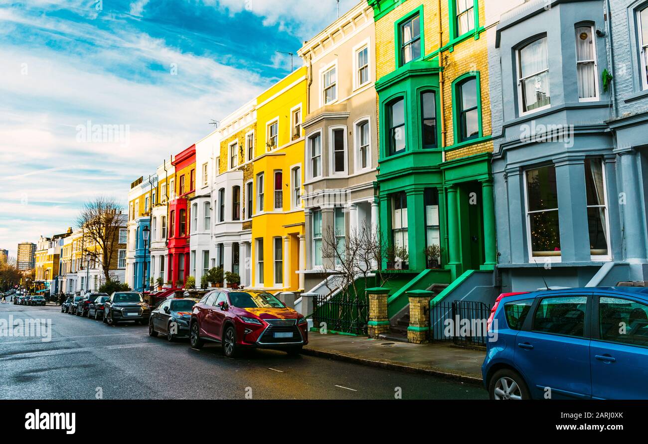 Colorful houses in the district of Notting Hill near Portobello Road in London Stock Photo
