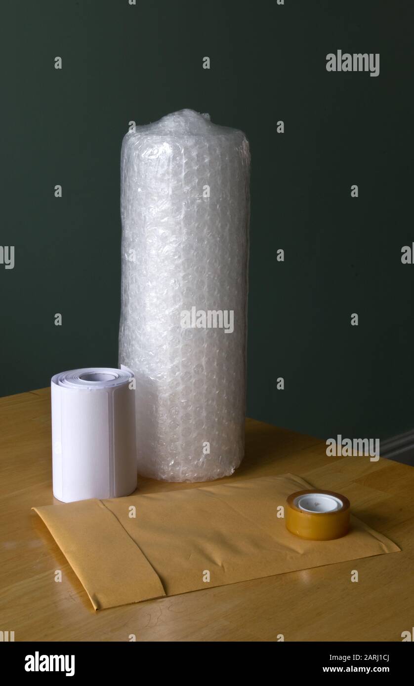 Packaging Materials Including Labels, Bubble Wrap, Padded Envelope and Adhesive Tape Stock Photo