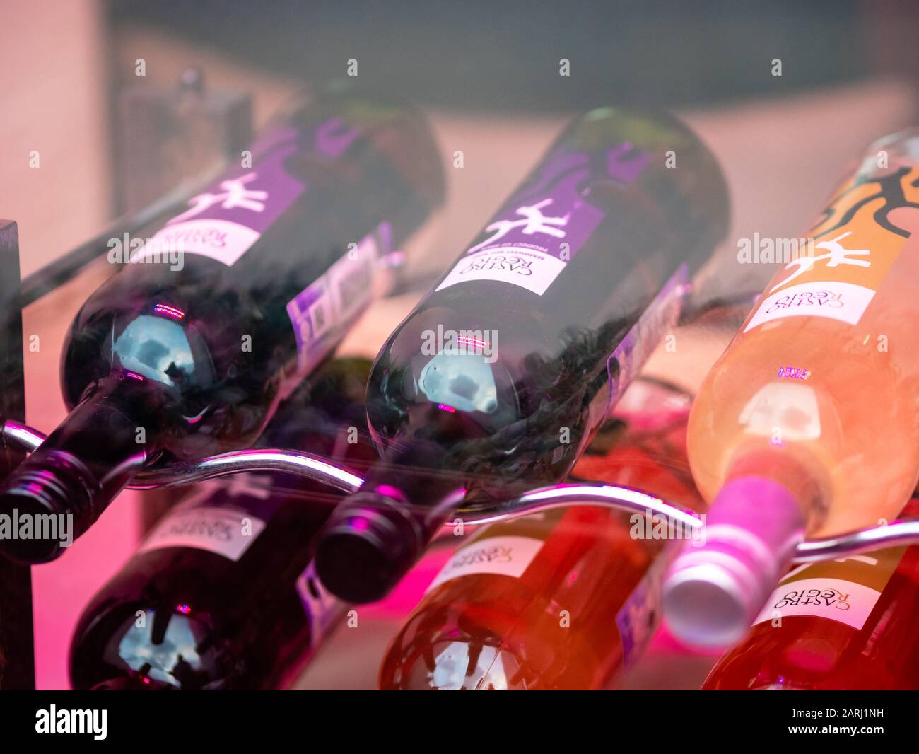 Moscow, Russia - January 17, 2020: A rack with wine bottles in a shop ...