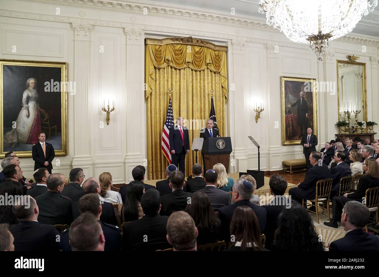 Washington, United States. 28th Jan, 2020. President Trump delivers joint remarks with Prime Minister of the State of Israel Bejamin Netanyahu in the East Room of the the White House on Tuesday, January 28, 2020 in Washington, DC. President Trump presented a vision for a two-state solution, offering a path to Palestinian statehood and a mutual recognition of the State of Israel as the nation-state of the Jewish people. Photo by Leigh Vogel/UPI Credit: UPI/Alamy Live News Stock Photo