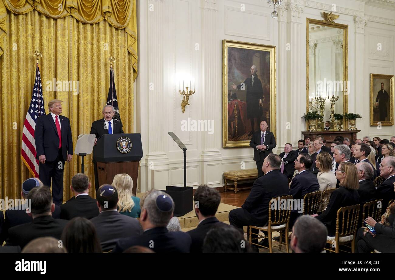 Washington, United States. 28th Jan, 2020. President Trump delivers joint remarks with Prime Minister of the State of Israel Bejamin Netanyahu in the East Room of the the White House on Tuesday, January 28, 2020 in Washington, DC. President Trump presented a vision for a two-state solution, offering a path to Palestinian statehood and a mutual recognition of the State of Israel as the nation-state of the Jewish people. Photo by Leigh Vogel/UPI Credit: UPI/Alamy Live News Stock Photo
