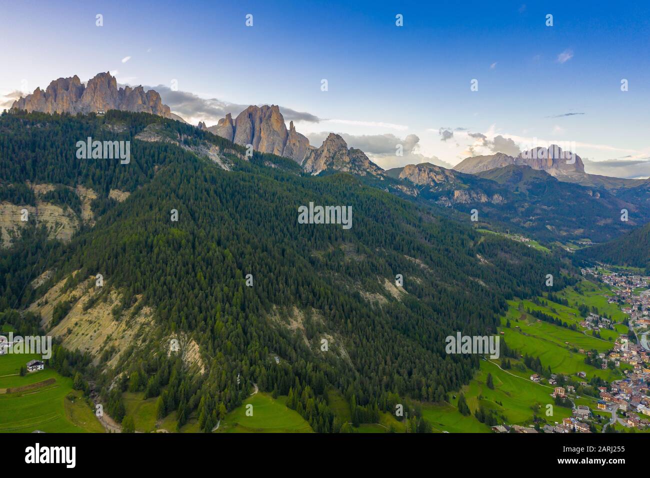 Aerial panoramic view of the Rosengarten group, Alps Mountains, Dolomites, Alto Adige, Italy Stock Photo