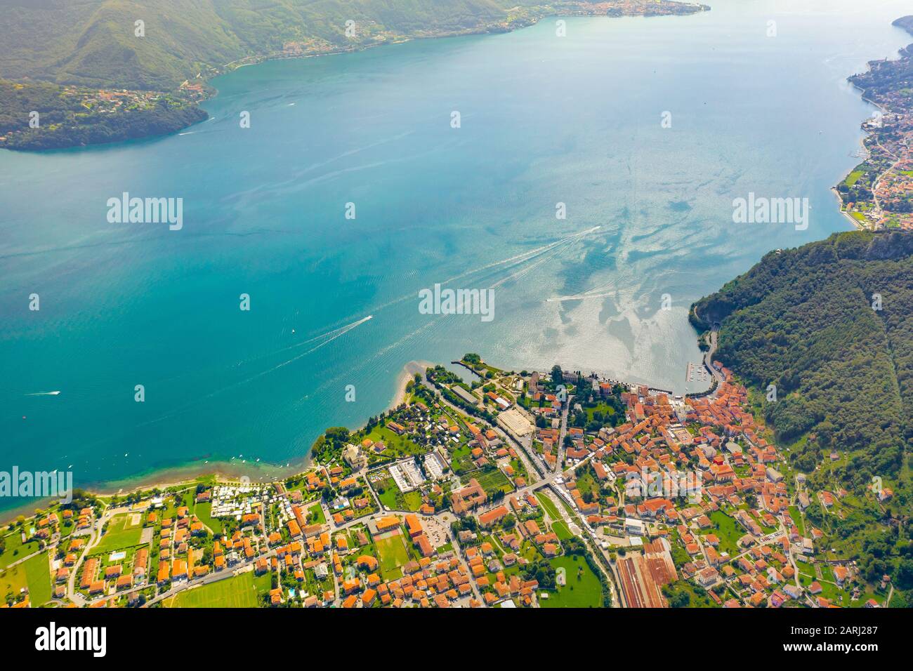 Lake Como Aerial View. Travel Postcard Concept. Coastline of Lago di Como With Many Villages. Stock Photo