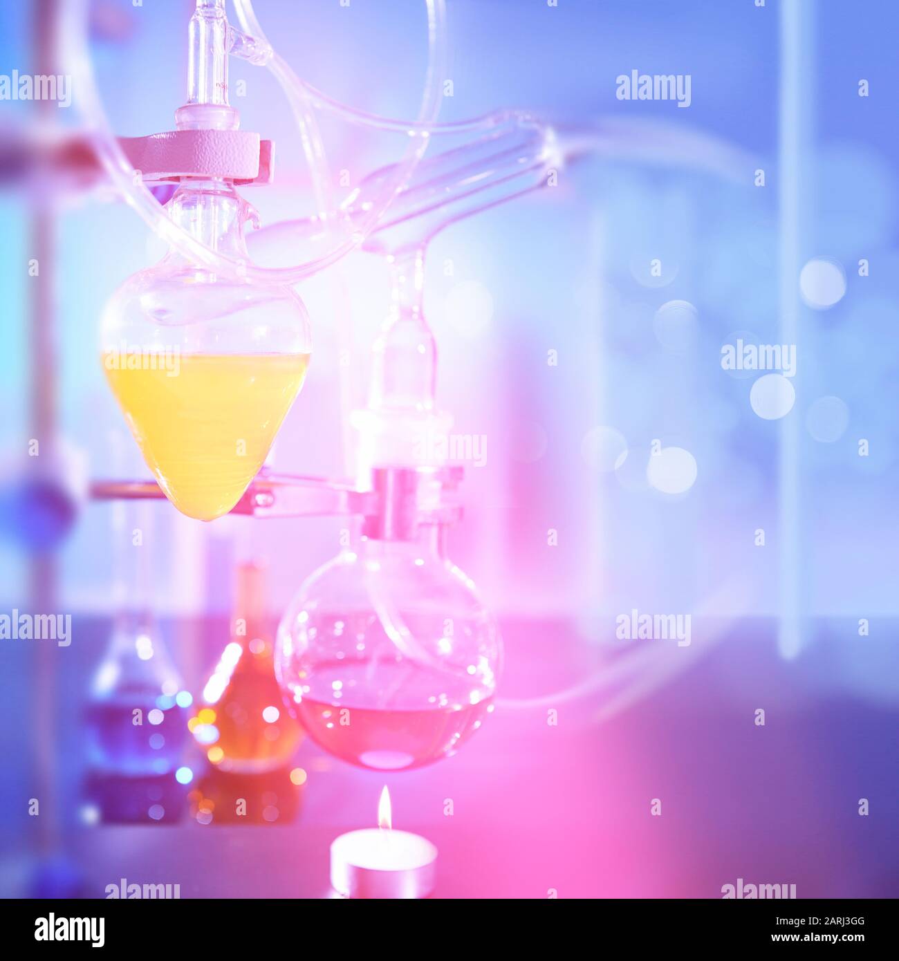 Reaction in progress in organic chemistry lab, distillation glassware