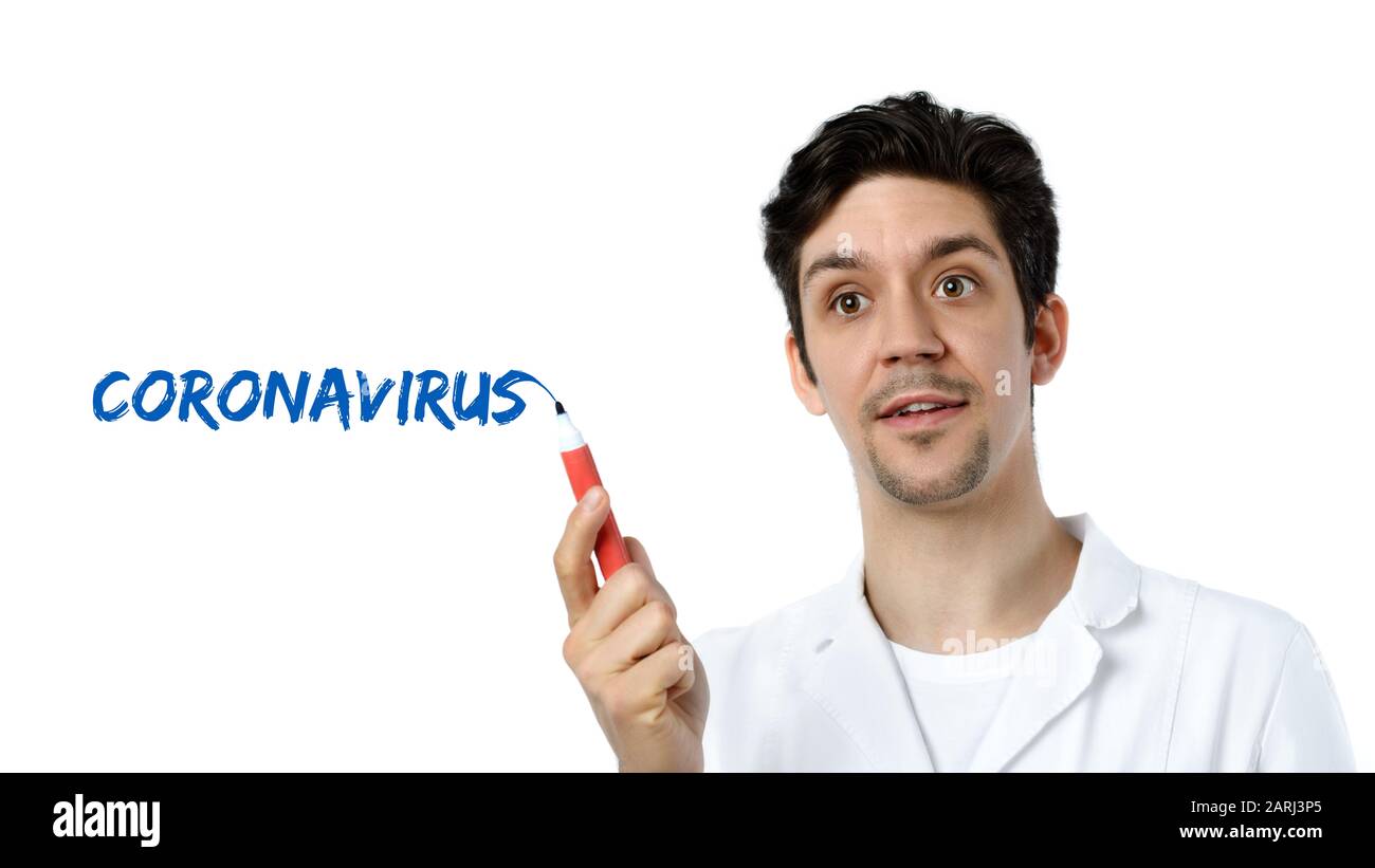 Text ' coronavirus' isolated on white. Young male european scientist, tech, doctor or medical specialist explains about virus infections and epidemics Stock Photo