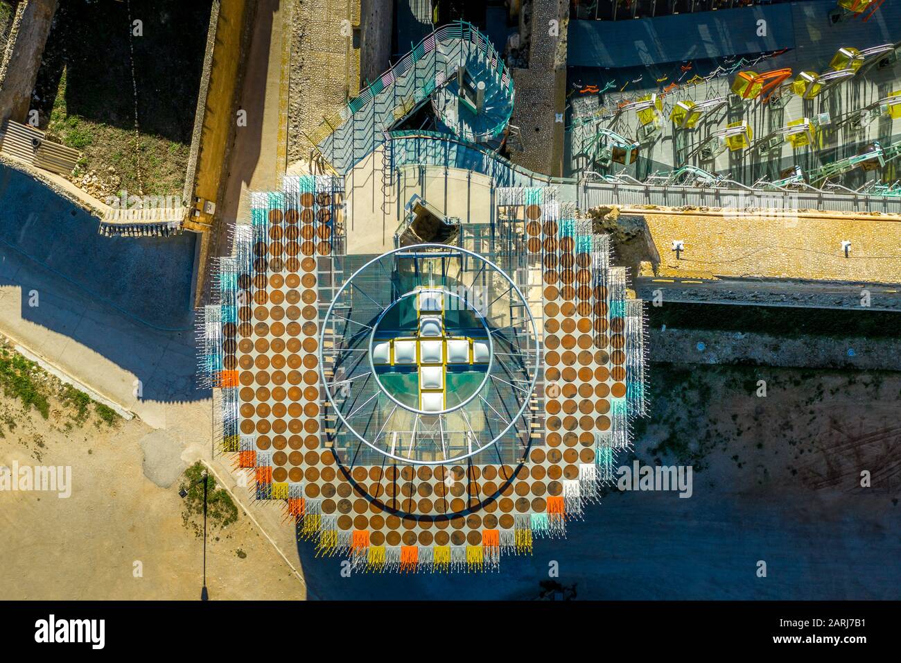 Aerial view of Garcimunoz medieval castle church where ancient architecture meets modern in Spain Stock Photo