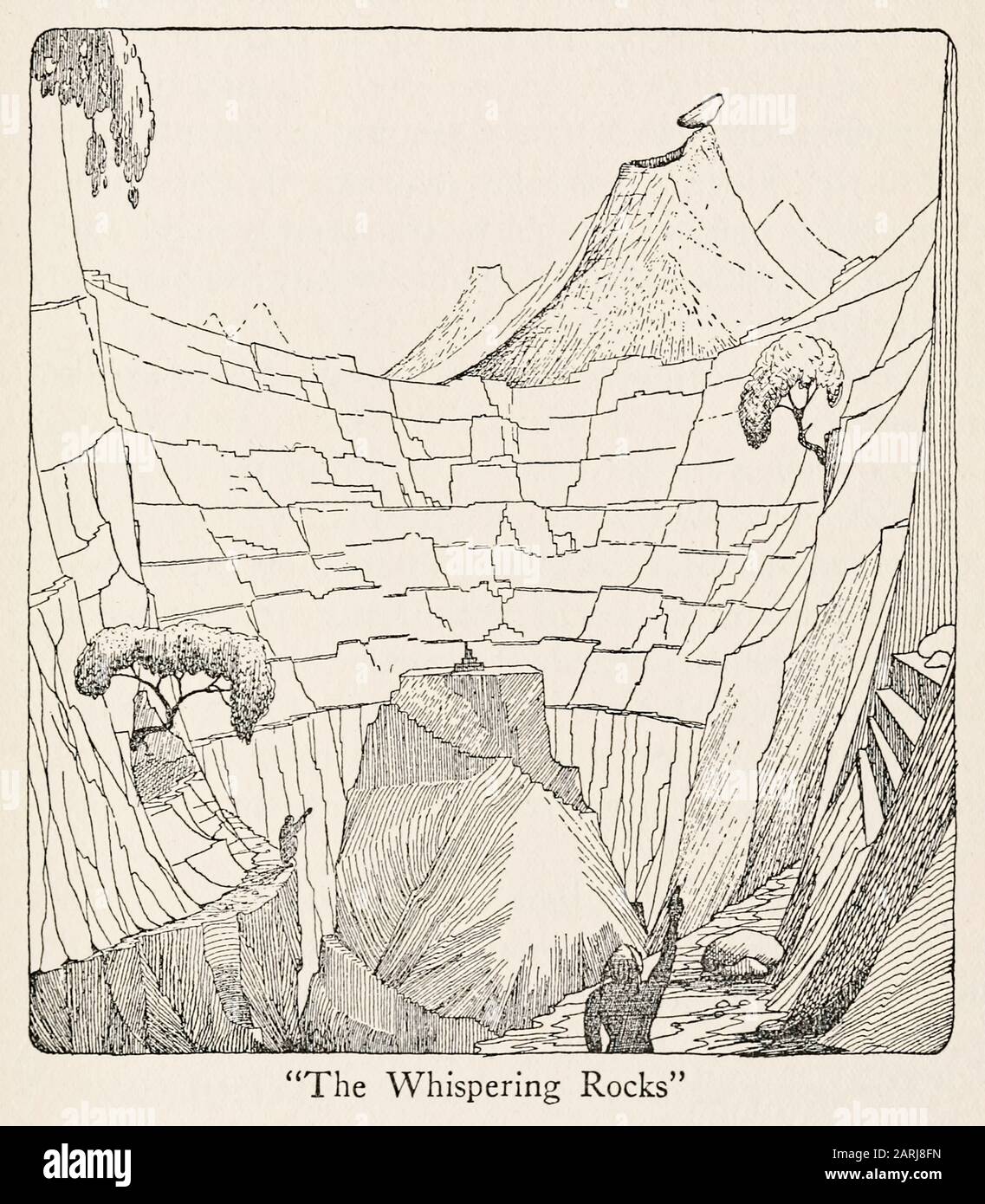 “The Whispering Rocks” illustration from The Voyages of Doctor Dolittle (1922) written and illustrated by Hugh Lofting (1886-1947). The second novel about a Doctor who can talk to animals. See more information below. Stock Photo