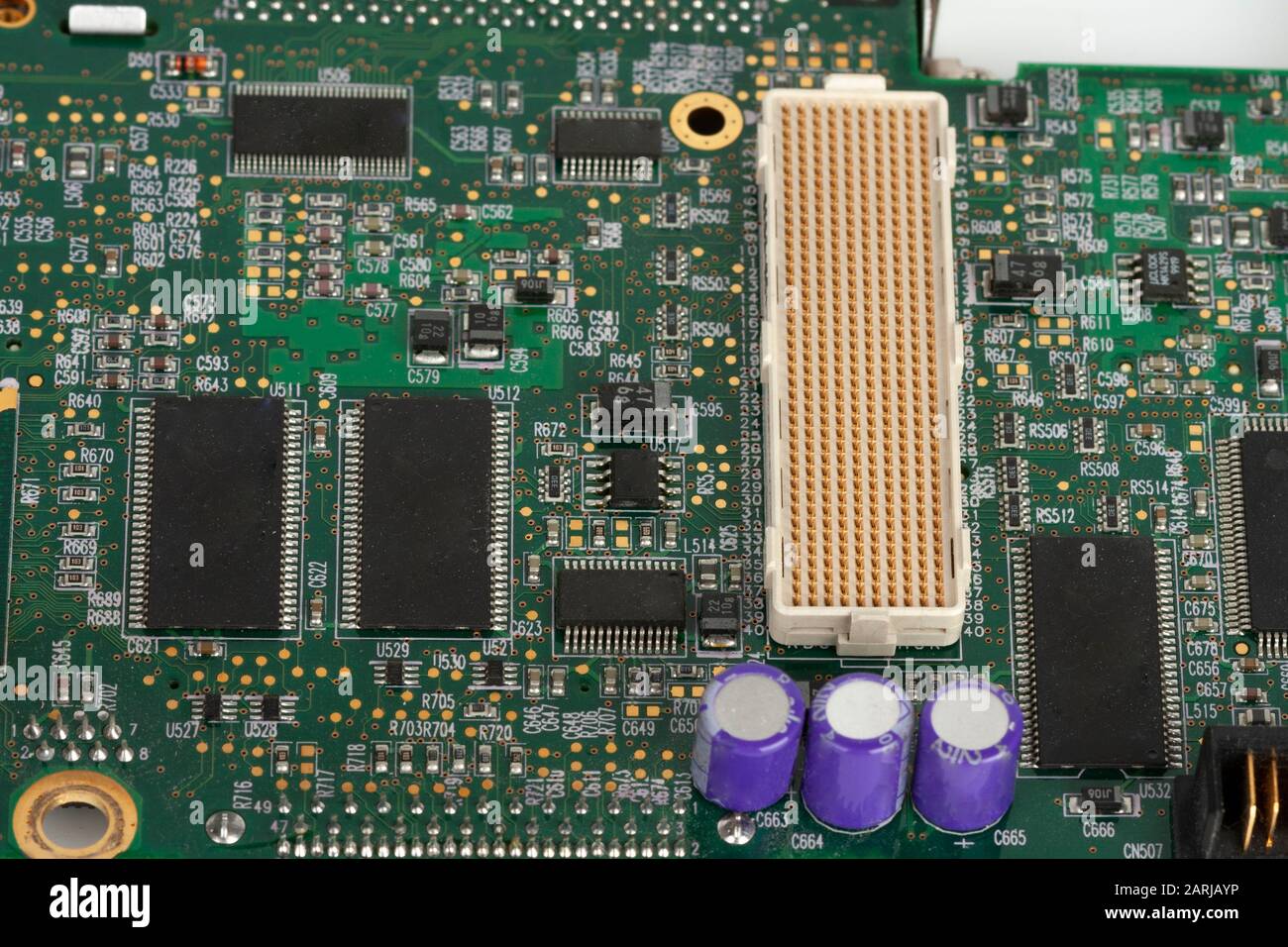 Close up of motherboard old laptop with empty socket base for CPU Stock Photo