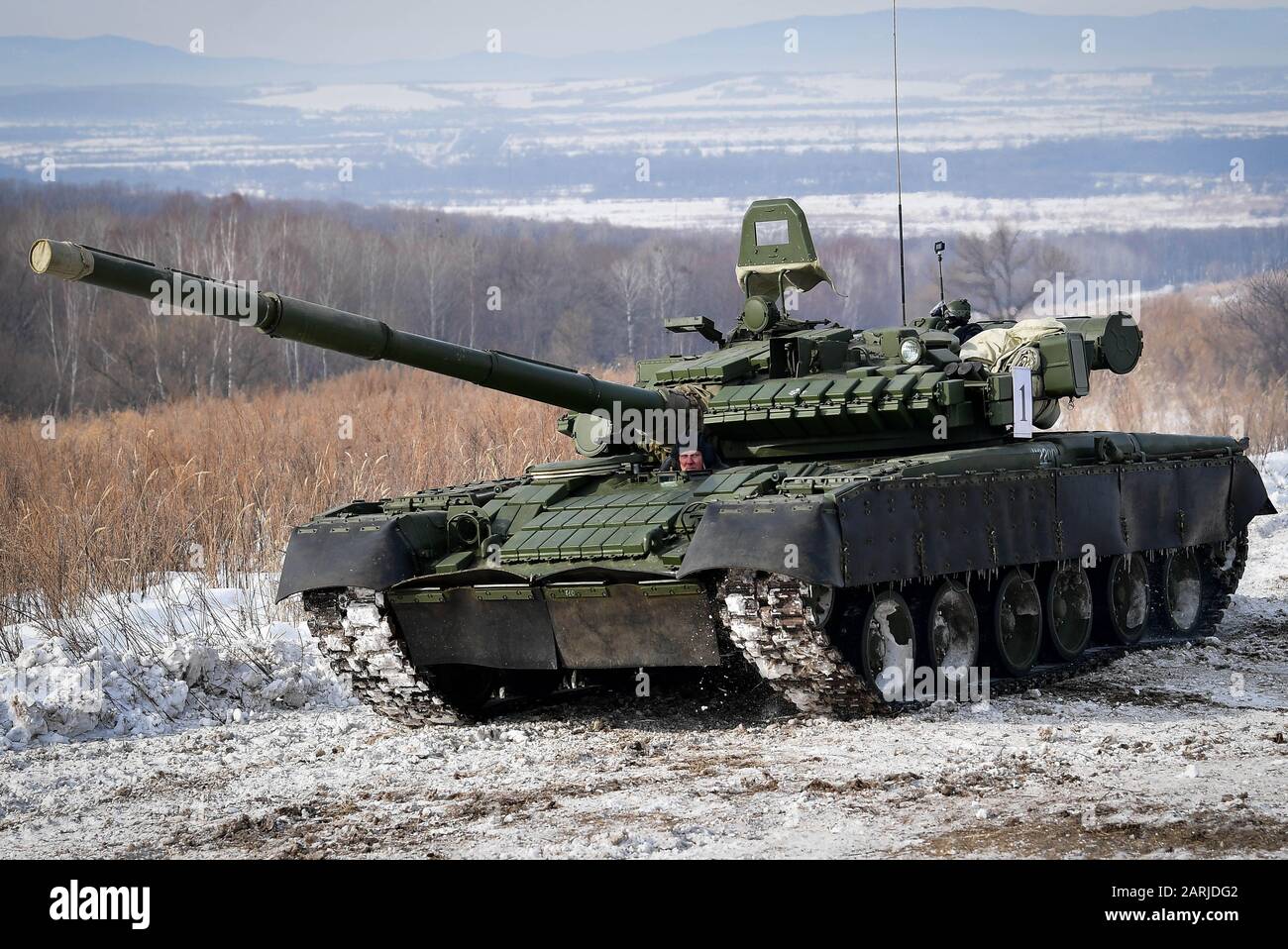 Russia 28th Jan Primorye Territory Russia January 28 A T 80 Battle Tank Undergoes A Routine Maintenance Check On A Firing Range Of The Central Storage Facility For Armoured Vehicles