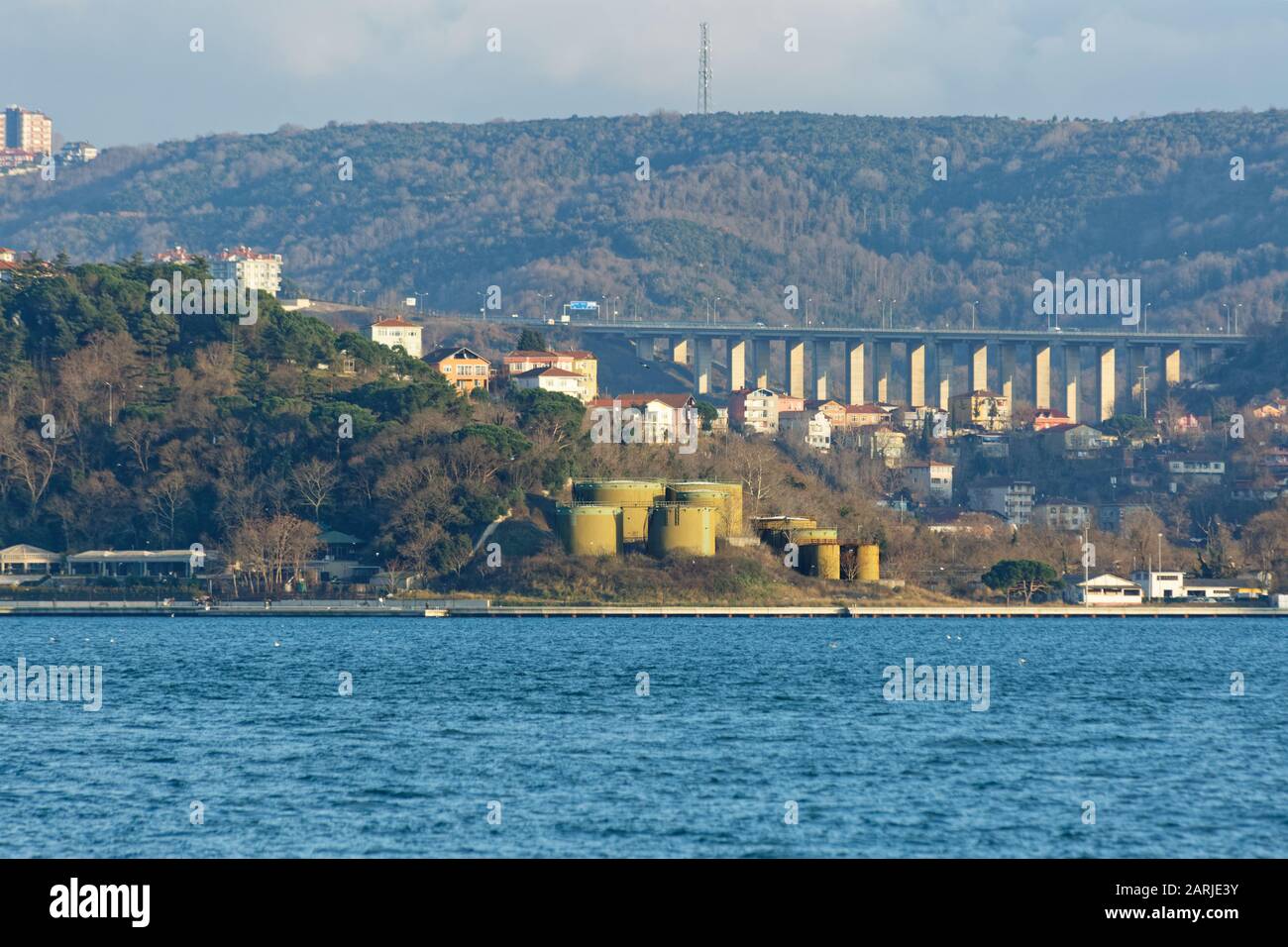 Petroleum products, fuel storage tanks in an old abandoned filling facility on the shore of Cubuklu / Bosphorus Strait in Istanbul. Stock Photo