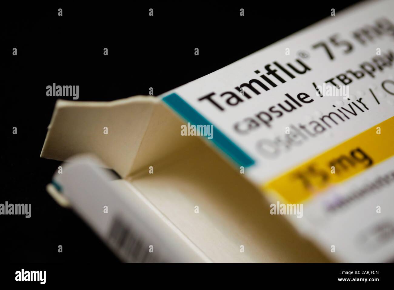 Bucharest, Romania - January 26, 2020: Close up image with a Tamiflu package. Tamiflu is an antiviral medication that blocks the actions of influenza Stock Photo