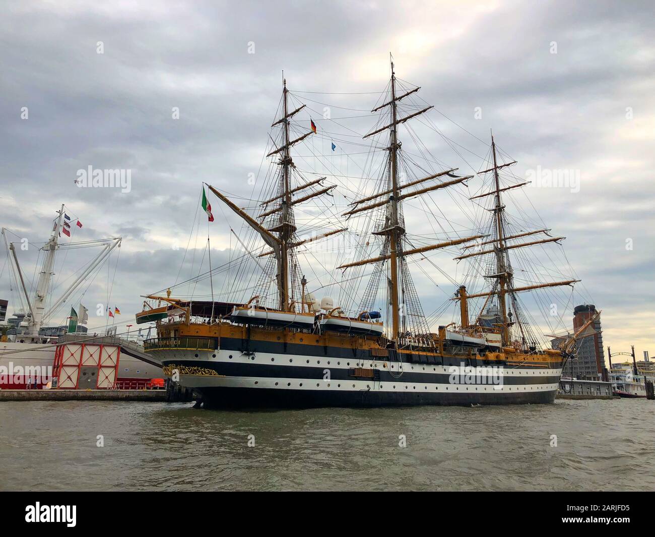 Hamburg,Germany - August 17,2018: Amerigo Vespucci ship. This sailing ship of the Navy built as a training ship for the training of the official stude Stock Photo