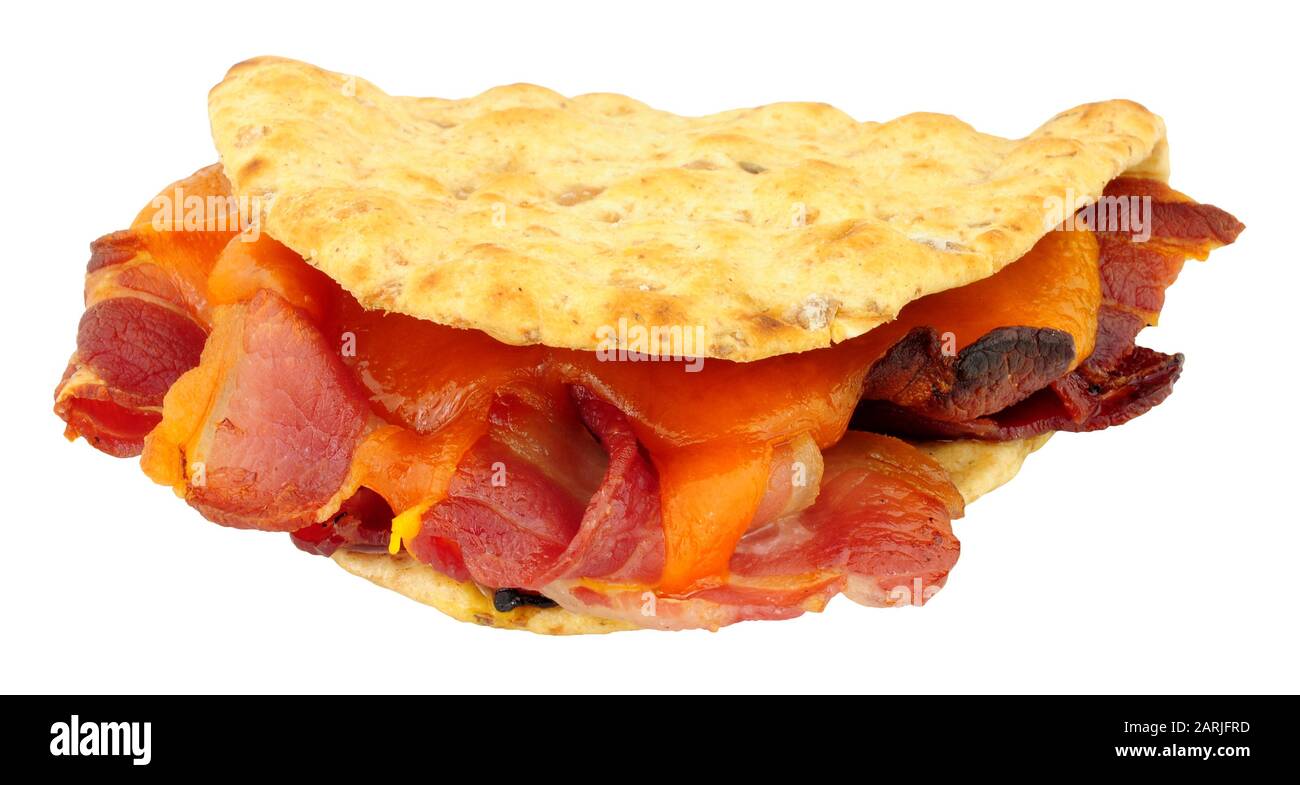 Cheese and bacon flatbread sandwich isolated on a white background
