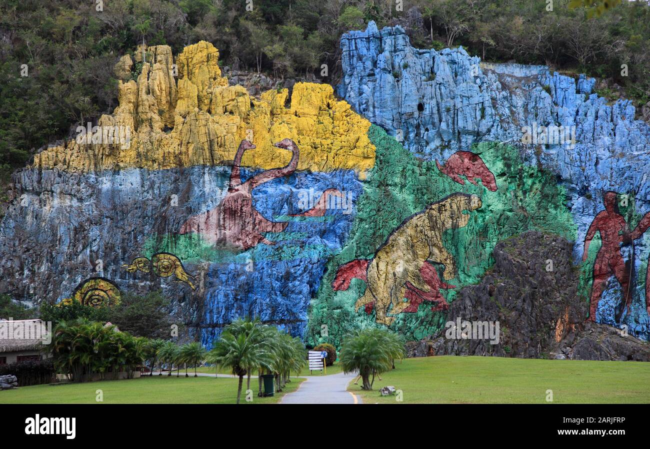 Cuba, Vinales, Mural de La Prehistoria, rock painting, Stock Photo