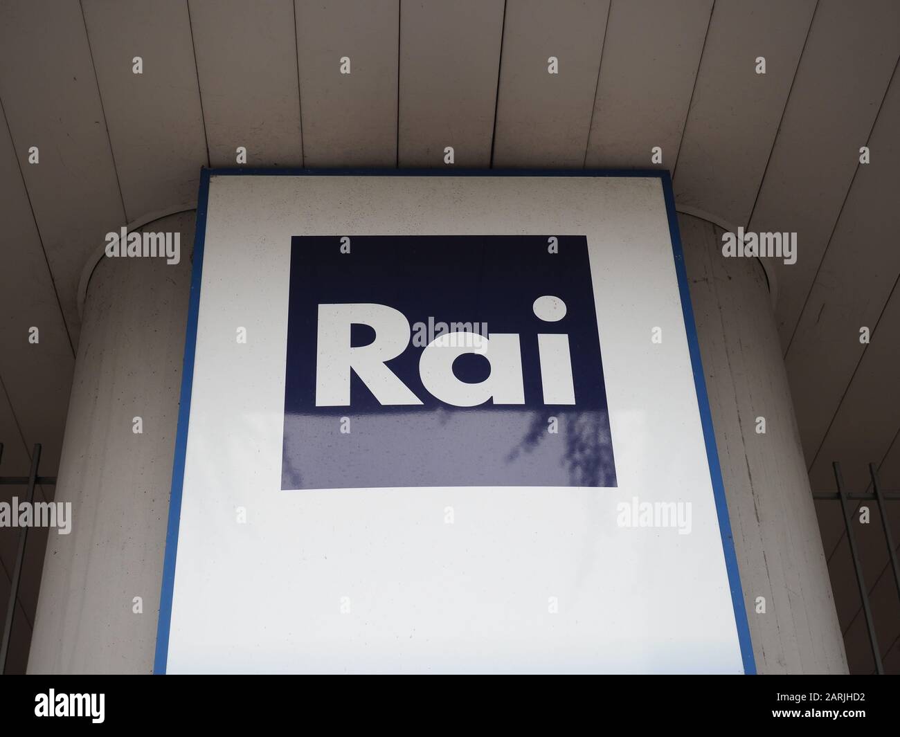 TURIN, ITALY - CIRCA DECEMBER 2019: RAI sign (public Italian television and radio broadcaster) Stock Photo