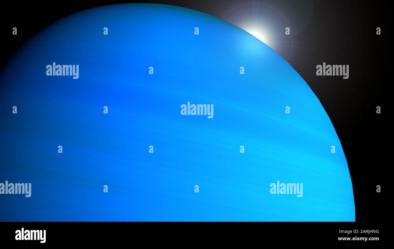 Blue gas giant planet in space with sun flares and stars in the background Stock Photo