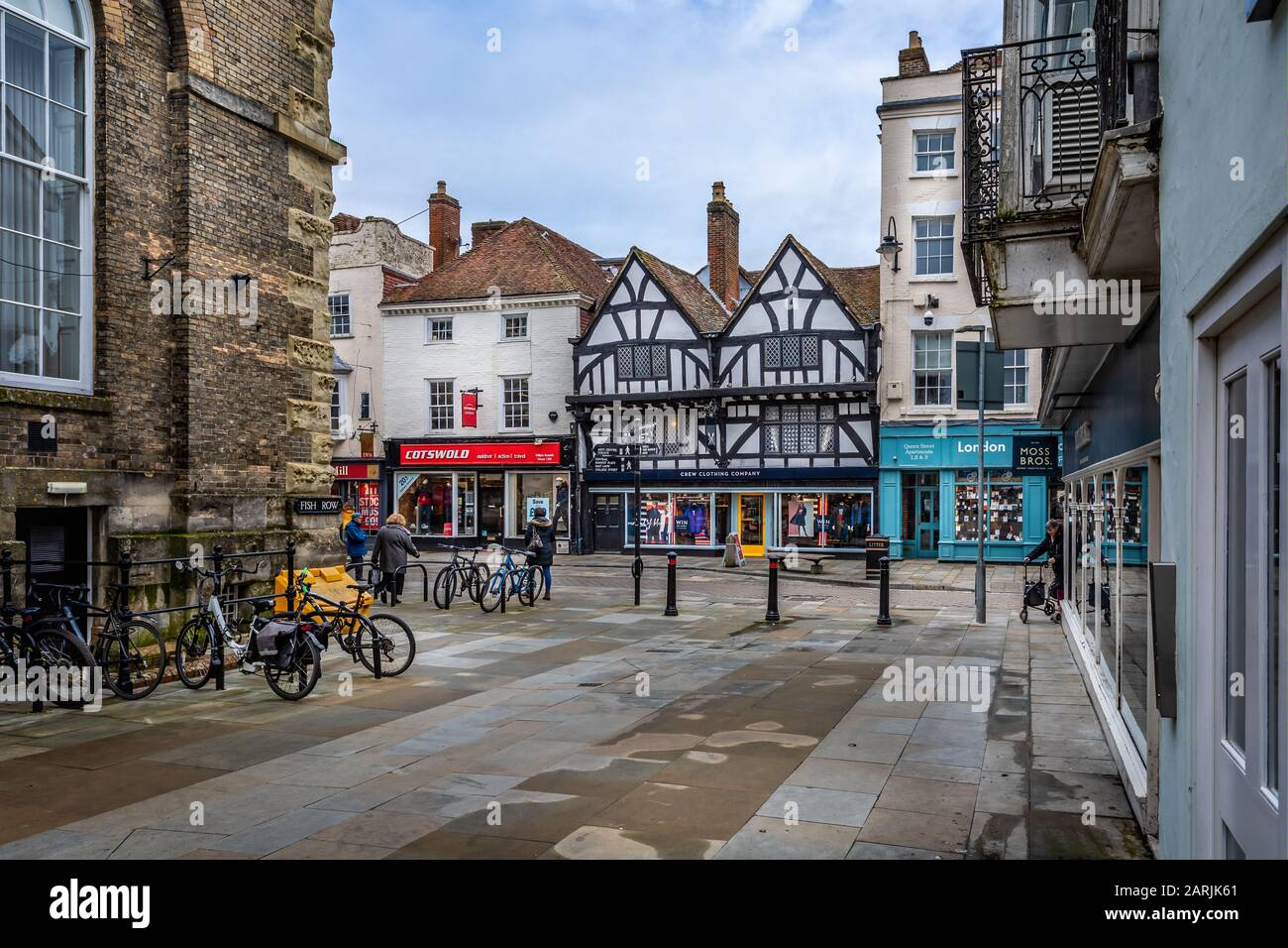 View of medieval half timbered house, now Crew Clothing Shop, from Fish Row, Salisbury, Wiltshire, UK on 28 January 2020 Stock Photo
