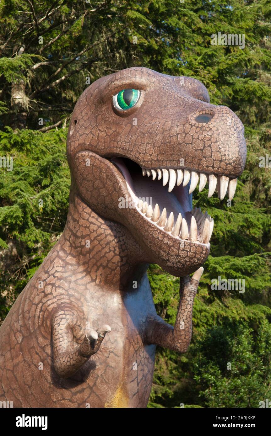 Dinosaur statue at Prehistoric Gardens, Highway 101, Southern Oregon Coast. Stock Photo
