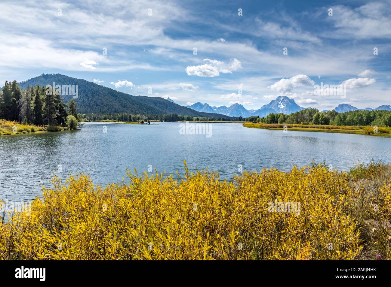 Jackson Lake with Grand Teton Mountain range in the background Stock Photo