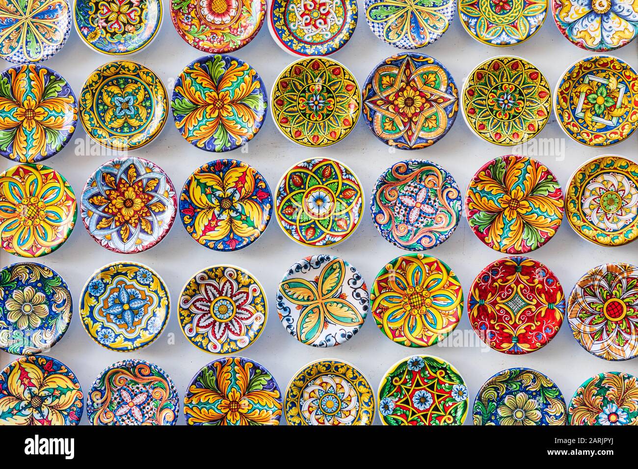 Italy, Sicily, Trapani Province, Erice. Colorful pottery souvenirs for