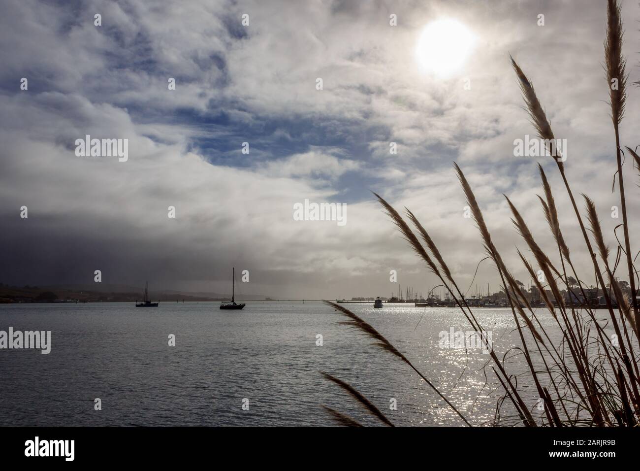 A storm breaks up for a moment in Bodega Bay, California Stock Photo