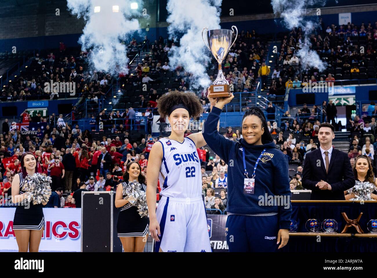 Birmingham, UK, 26/01/2020. WBBL: Cup Final at Arena Birmingham  WomenÕs Cup Final with Sevenoaks Sun beat Durham Palatinates dominating the game from the beginning. Sevenoaks SunsÕ Cat Carr (22) and Ta'yani Clark (20) raise the cup. (c)pmgimaging Stock Photo