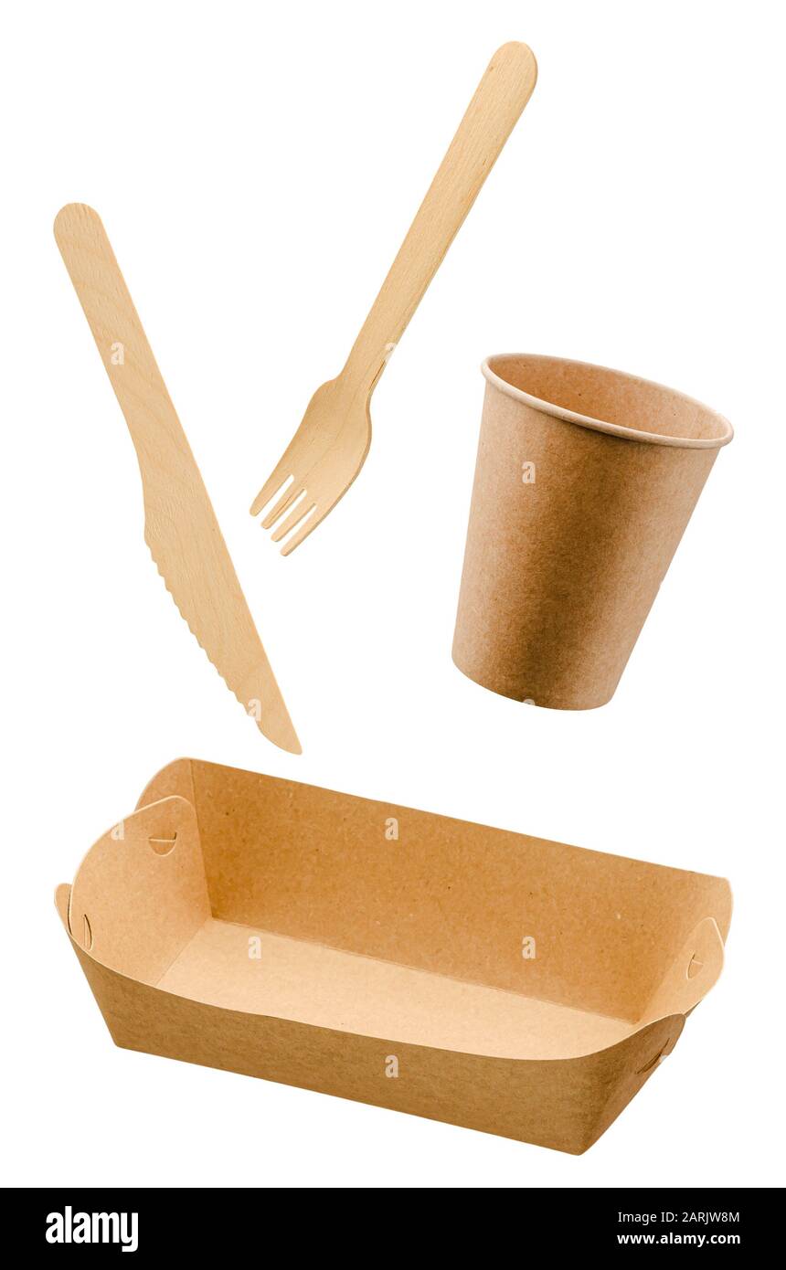 Zero waste, eco friendly, disposable paper tableware isolated on white