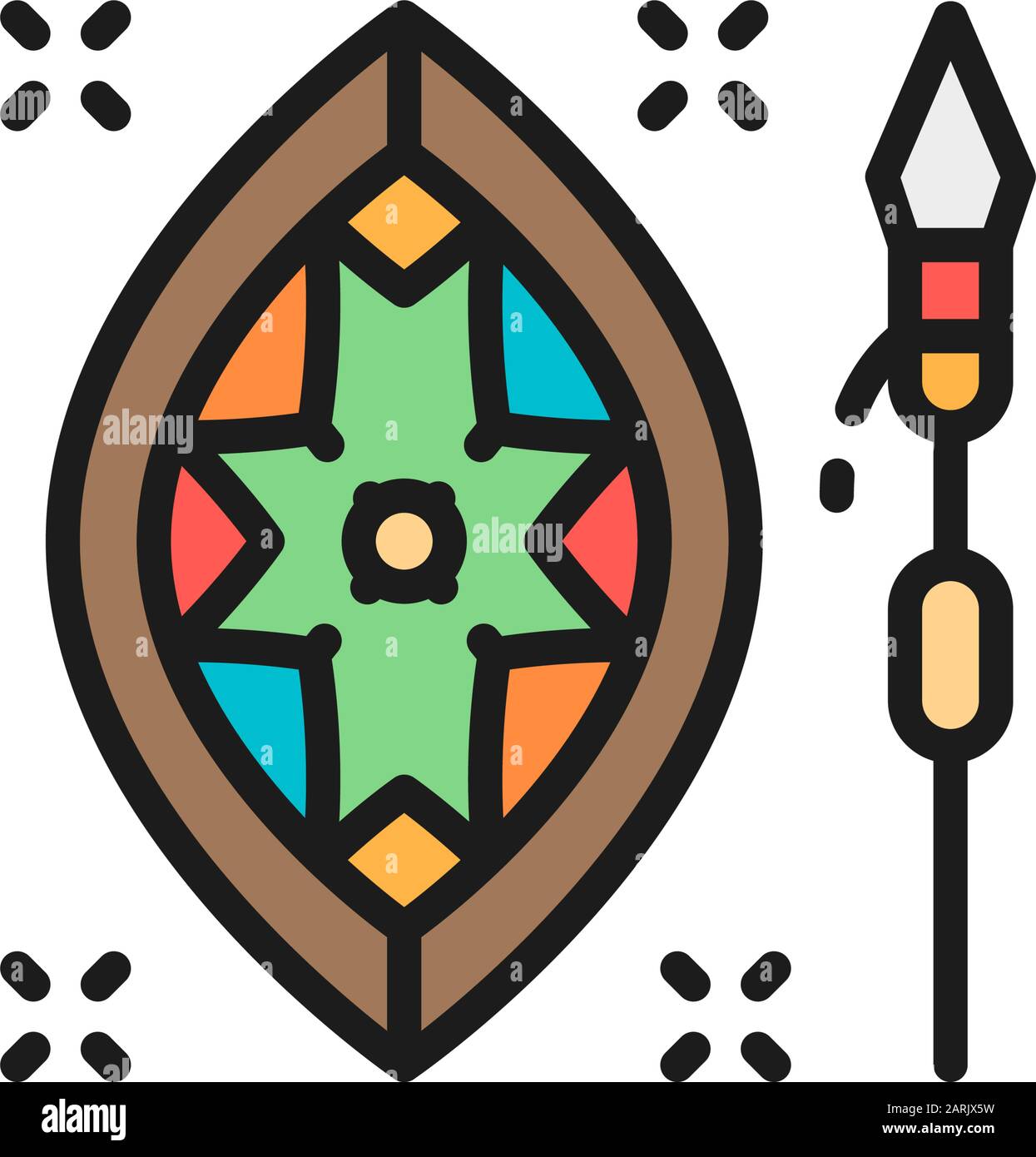 Vector african spear and shield flat color line icon. Stock Vector