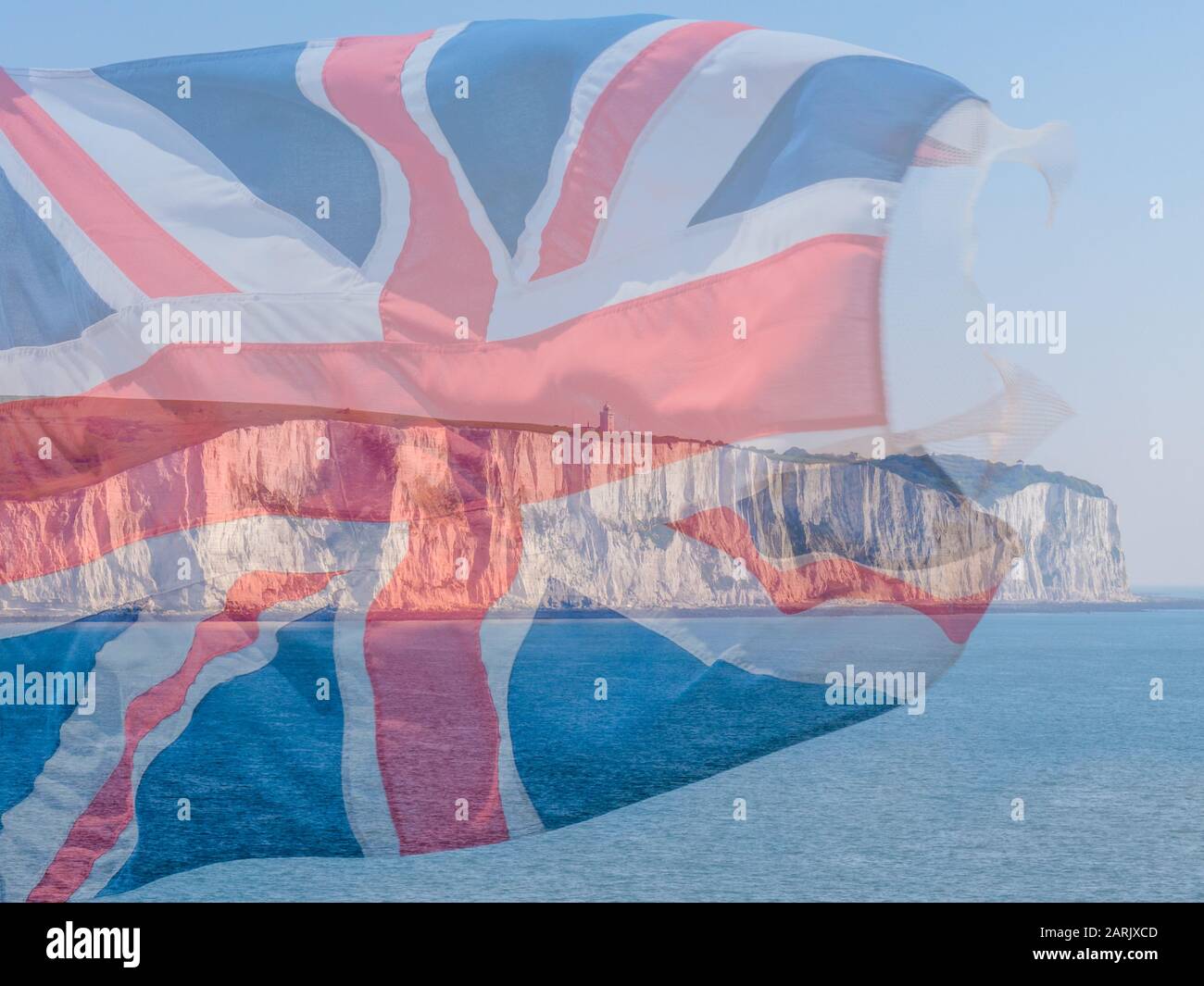 British Coastal Scene With White Cliffs of Dover Shot From the Sea. A Partially Opaque Union Jack Flag is Overlaid Stock Photo