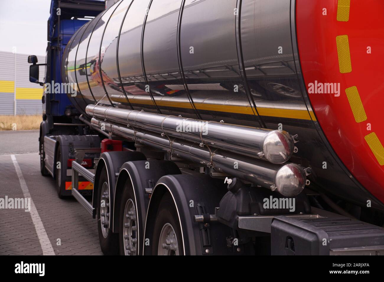 Tanker truck while parking in a parking lot. Parking by the highway. Stock Photo