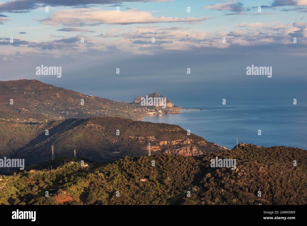 Italy, Sicily, Palermo, Pollina. Late afternoon view of the Sicilian coast from Pollina. Stock Photo