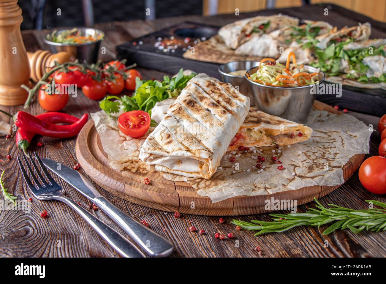 Grilled veggie shawarma and pita bread, restaurant dish, Horizontal