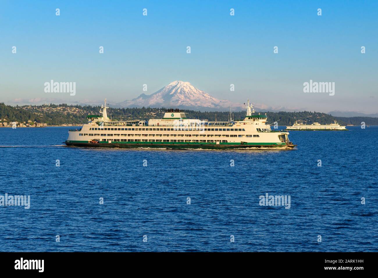 Washington State Ferry crossing Puget Sound with Mt Rainier beyond ...