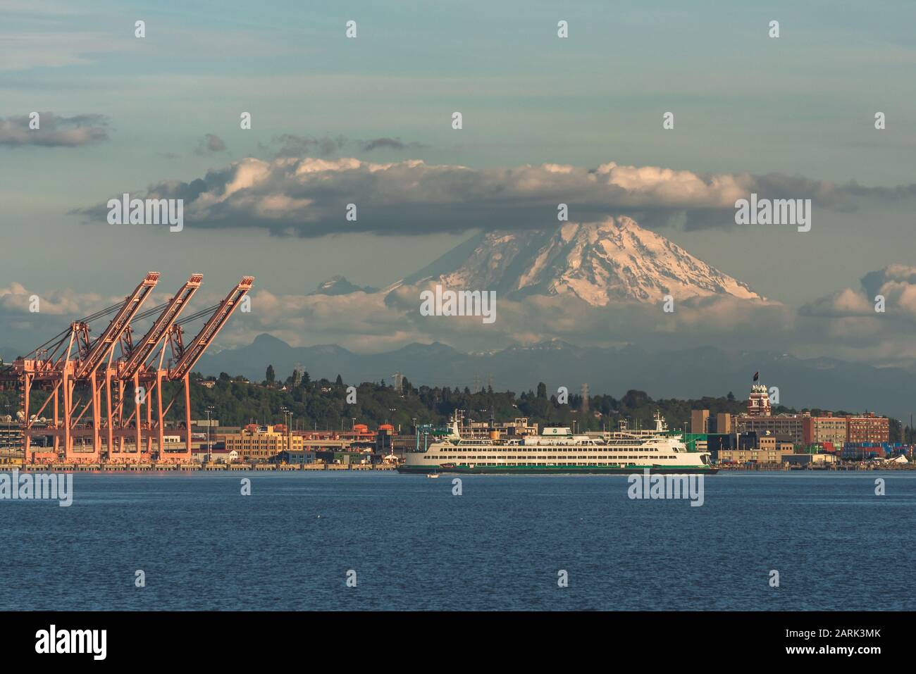 Washington State Ferry crossing Puget Sound at twilight with Mt Rainier ...
