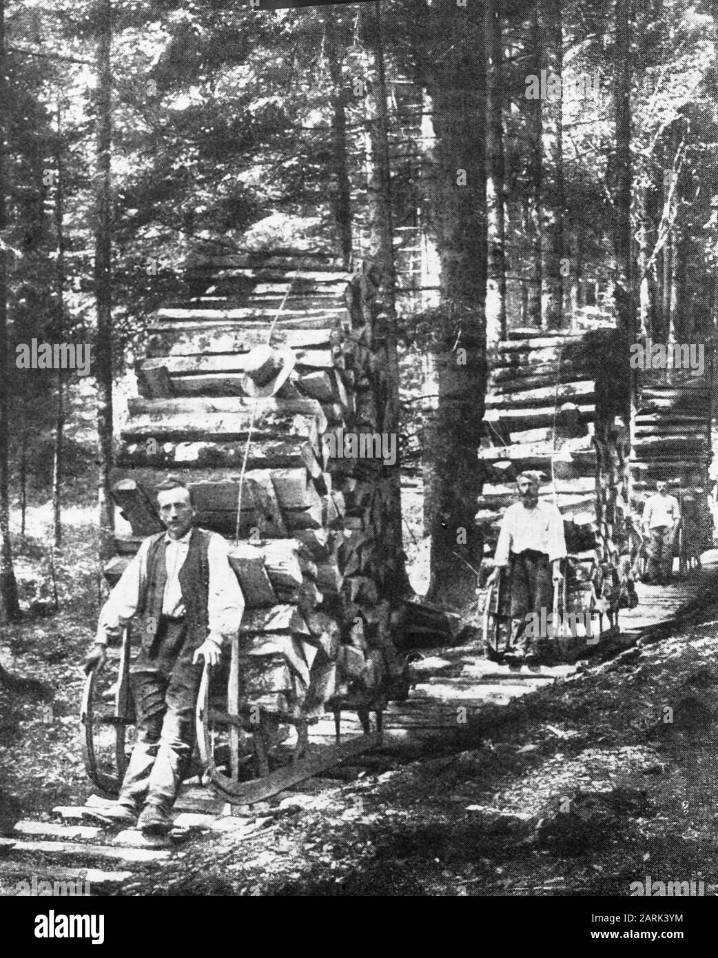 wood towing along slides///Date undated Location Vosges Keywords