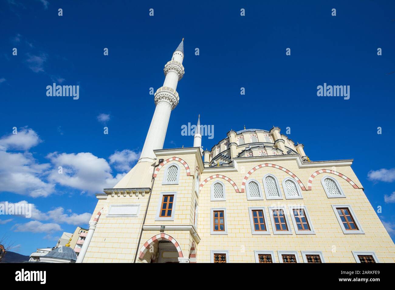 Isa beg Xhamia Mosque of Mitrovica. Isa Beg mosque is an islamic landmark of Kosovo, reconstructed by the Turkish Cooperation Agency.  Picture of  Isa Stock Photo