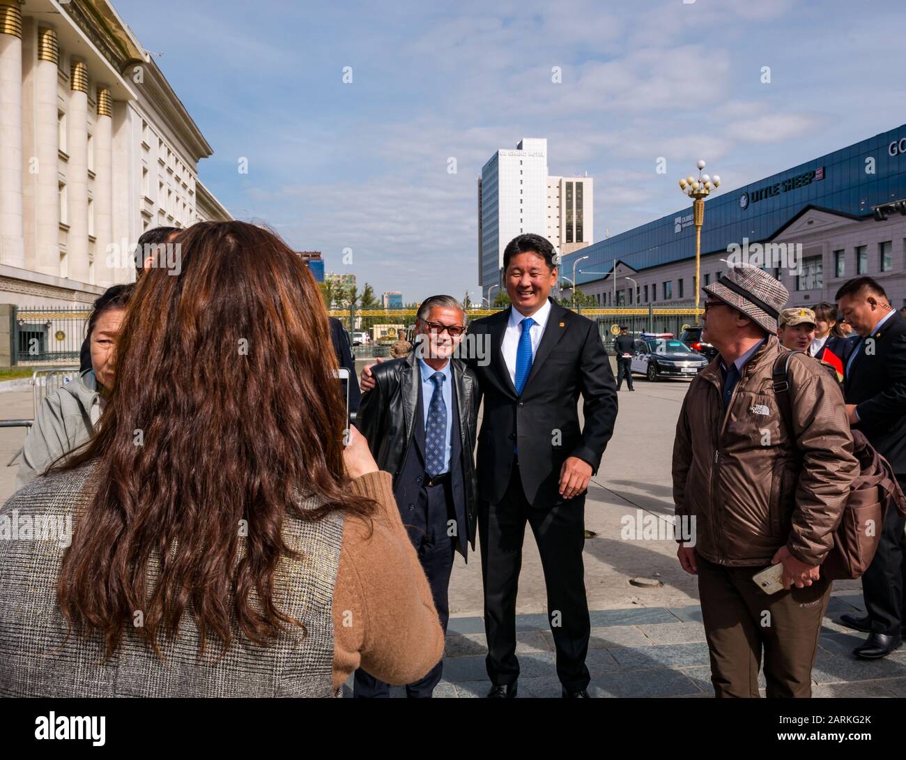 Prime Minister of Mongolia, Ukhnaagiin Khurelsukh, posing for photo with supporters, Sükhbaatar Square, Ulaanbaatar, Mongolia Stock Photo