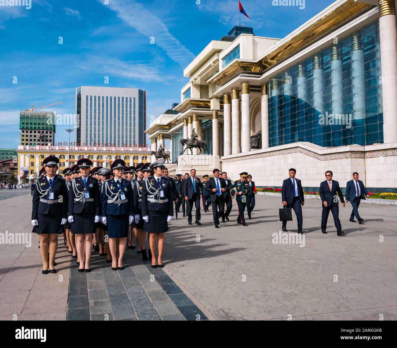Female police officers in ceremonial parade with Ukhnaagiin Khurelsukh, Prime Minister, Government Palace, Sükhbaatar Square, Ulaanbaatar, Mongolia Stock Photo